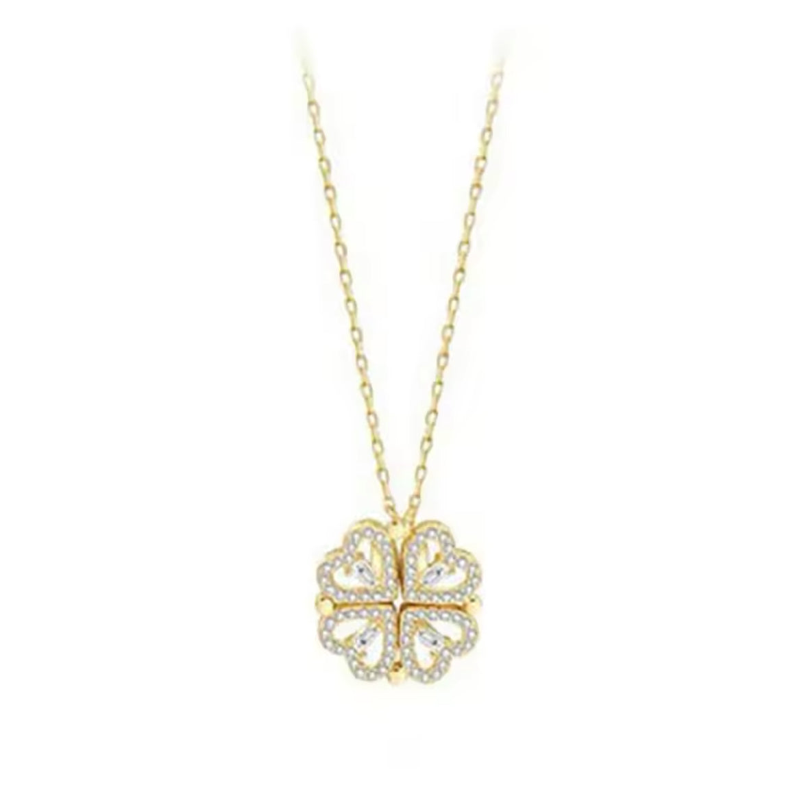 Retro Magnetic Folding Heart Shaped Four Leaf Clover Pendant Necklace Chain Openable Jewelry