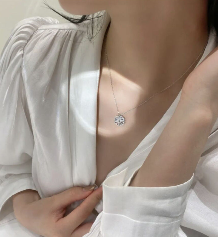 Retro Magnetic Folding Heart Shaped Four Leaf Clover Pendant Necklace Chain Openable Jewelry